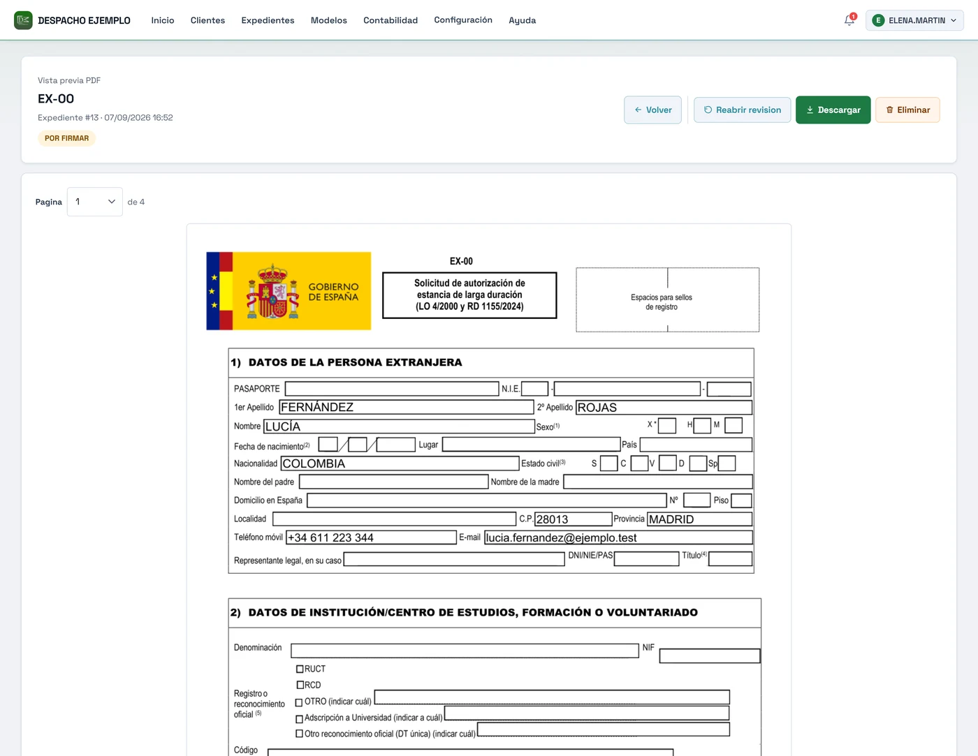 Editor de SwiftProcess: el modelo oficial EX-00 con los datos del cliente ya colocados en cada casilla del formulario.